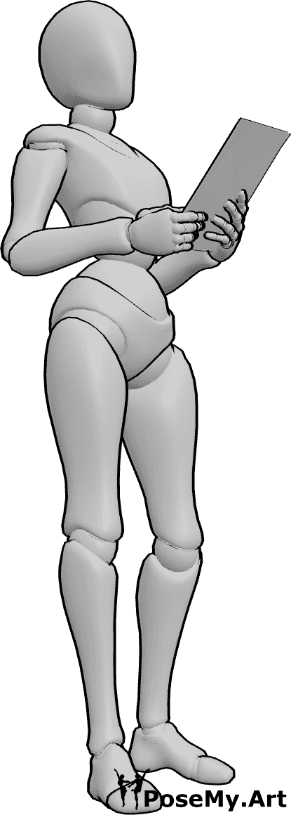 姿势资料- 拿纸姿势 - 女性站立，双手持纸