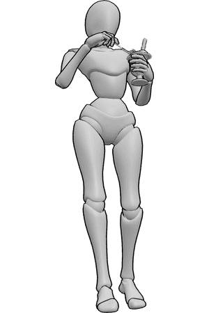 Pose Reference- Ice cream fork holding pose - Female is standing and holding an ice cream in a glass cup and a fork