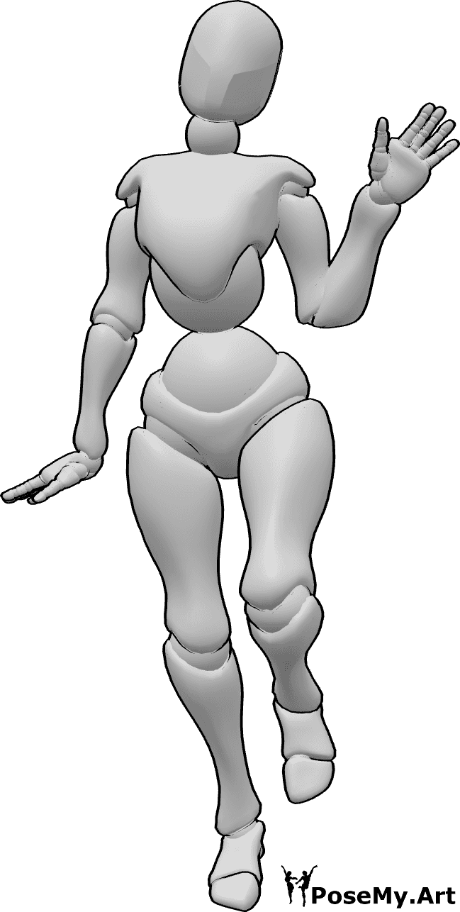 Referência de poses- Pose de pé com aceno alegre - A mulher está de pé e acena, fazendo uma pose de 