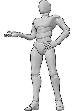 Pose Reference- Open hand wondering male pose - Male is standing, holding his hip with his left hand, his right hand is open
