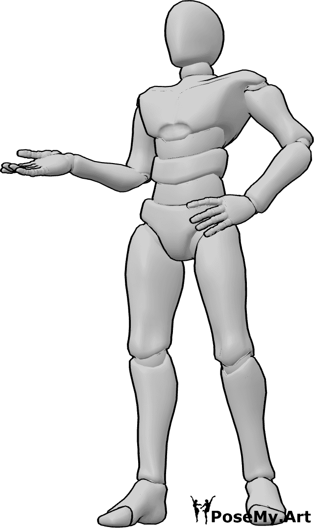 Pose Reference- Open hand wondering male pose - Male is standing, holding his hip with his left hand, his right hand is open