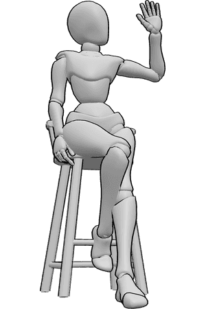 Pose Reference- Sitting waving female pose - Female is sitting and waving with her left hand, waving with open hand