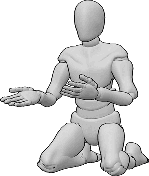 Pose Reference- Kneeling open hands pose - Male is kneeling and extending his open hands
