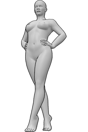 Pose Reference- Nude female tiptoe pose - Nude female is walking on tiptoe and holding her hips