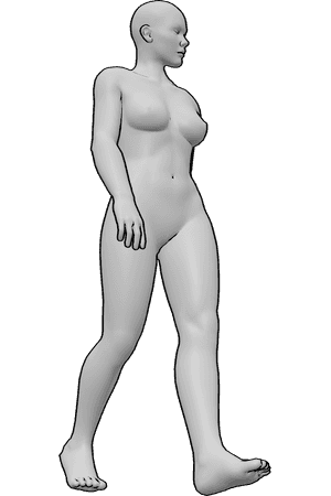 Pose Reference- Nude female walking pose - Nude female is walking casually, looking to the left