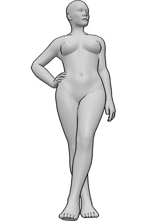 Pose Reference- Nude female standing pose - Nude female is standing, her legs are crossed, she is holding her hip and looking to the left