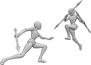 Pose Reference- Female warriors pose - Female warriors are fighting, holding double-sided spears