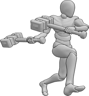 Pose Reference- Male warrior holding hammers pose - Male warrior is holding fantasy hammers, male attacking, swinging hammers pose