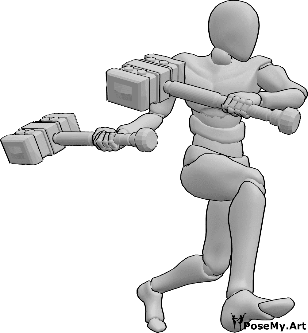 Référence des poses- Guerrier masculin tenant des marteaux pose - Homme guerrier tenant des marteaux fantaisistes, homme attaquant, posant avec des marteaux.