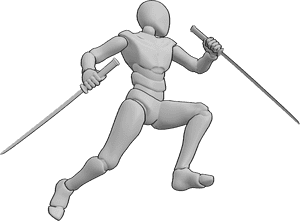 Pose Reference- Male warrior holding katana pose - Male warrior is holding katana in both hands, jumping and attacking