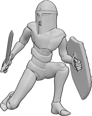 Pose Reference- Male warrior crouching pose - Male warrior is crouching, holding a shield and a sword, wearing helmet