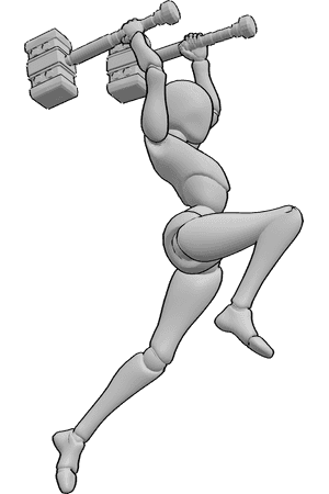 Pose Reference- Female warrior hammer pose - Female warrior is jumping and attacking, holding hammer in both hands