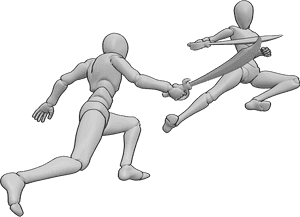 Pose Reference- Warriors fighting pose - Female and male warriors are fighting, holding swords, female is jumping