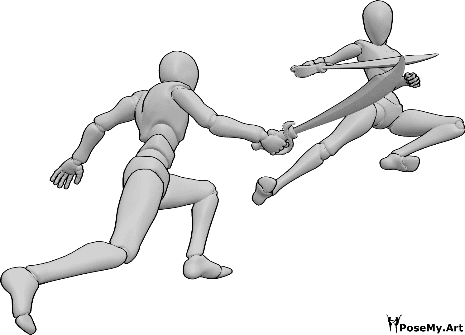 Référence des poses- Pose de combat des guerriers - Des guerriers et des guerrières se battent, tenant des épées, et la femme saute.