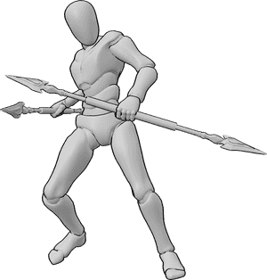 Pose Reference- Male warrior holding spears pose - Male warrior is standing and holding spear in both hands