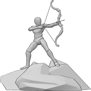 Pose Reference- Male warrior holding bow pose - Male warrior is standing on a rock and aiming his bow