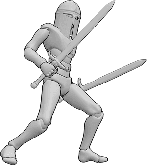 Pose Reference- Male warrior holding swords pose - Male warrior is standing and holding swords, wearing a helmet