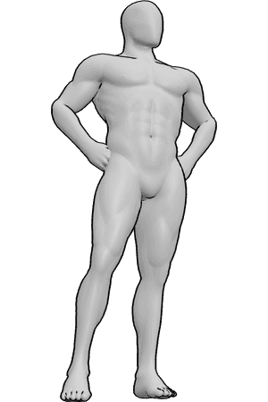 Pose Reference- Confident muscular male reference - Muscular male is standing, his hands are on his hips, he is looking to the left