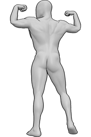 Pose Reference- Back muscle reference - Muscular male is standing and showing his arm and back muscles