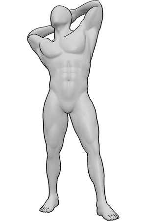Pose Reference- Muscular male stretching reference - Muscular male is standing and stretching his arms, arm muscle drawing reference