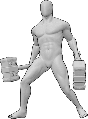 Pose Reference- Muscular male hammer pose - Muscular male is standing and holding hammers in both hands