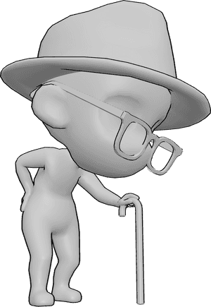 Pose Reference- Old chibi reference - Old chibi is walking, leaning on a walking stick, wearing glasses and a hat