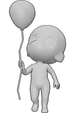 Pose Reference- Chibi holding balloon reference - Chibi is standing and holding a balloon, looking up, cute chibi reference