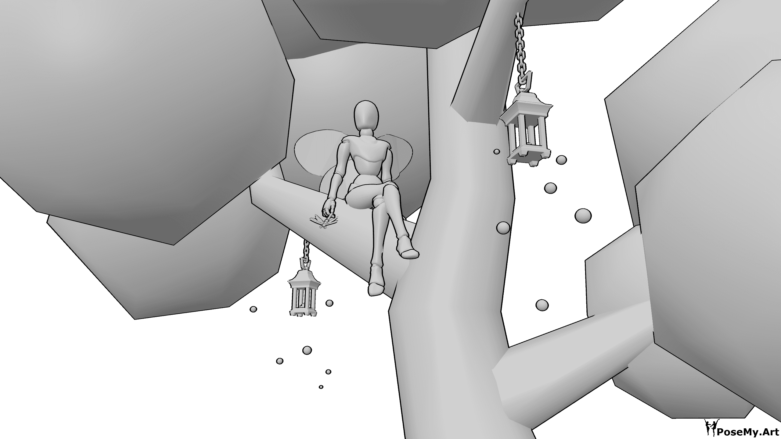 姿势资料- 仙女树坐姿 - 仙女坐在树枝上，手里拿着仙女棒，树枝上挂着灯笼