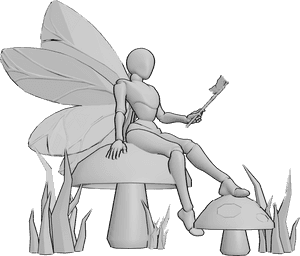 Pose Reference- Fairy mushroom sitting pose - Fairy is sitting on a mushroom, holding a fairy wand in her left hand