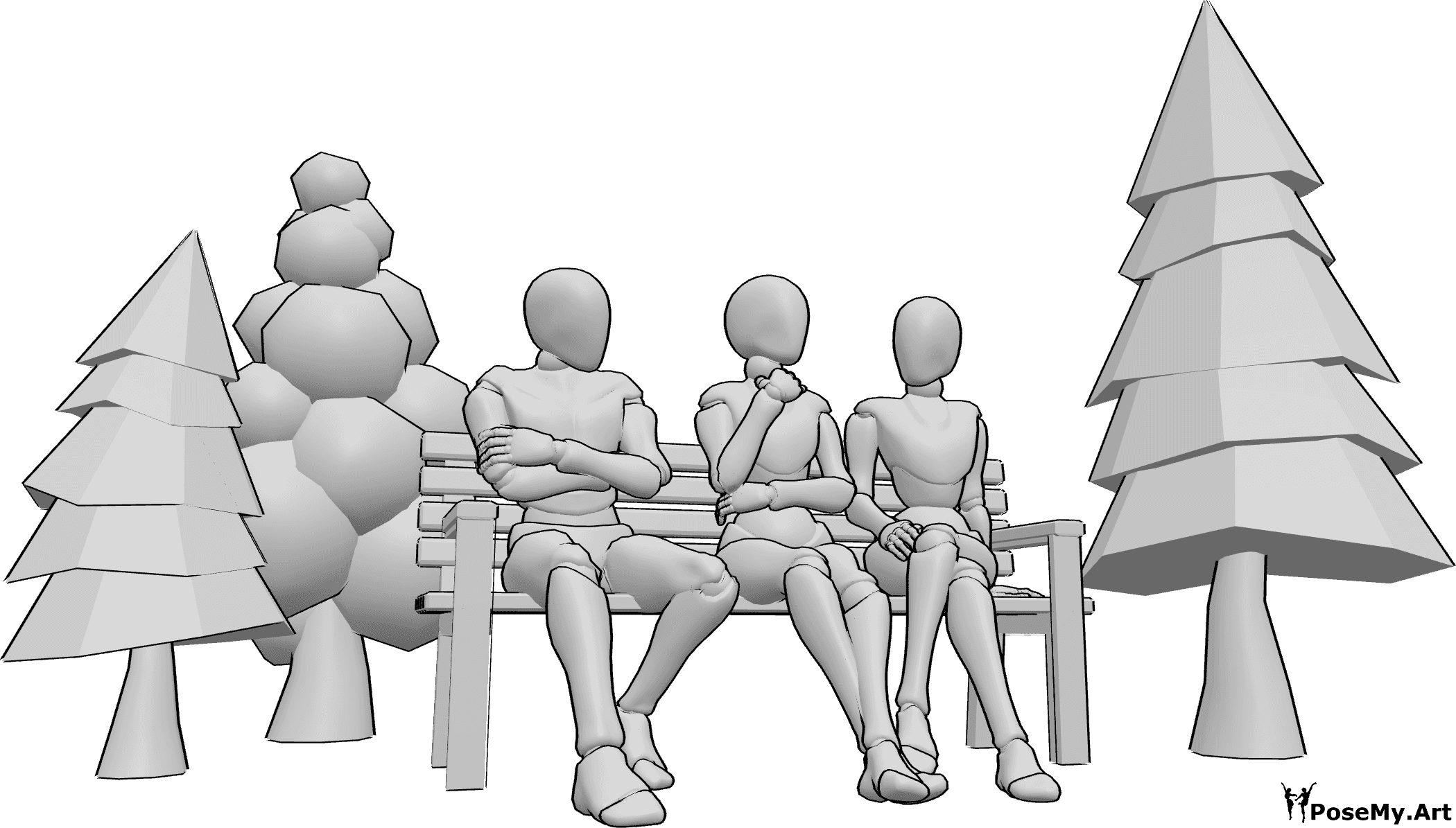Référence des poses- Référence aux personnes assises sur un banc - Des personnes sont assises sur un banc dans le parc, dessinant des références de personnes.
