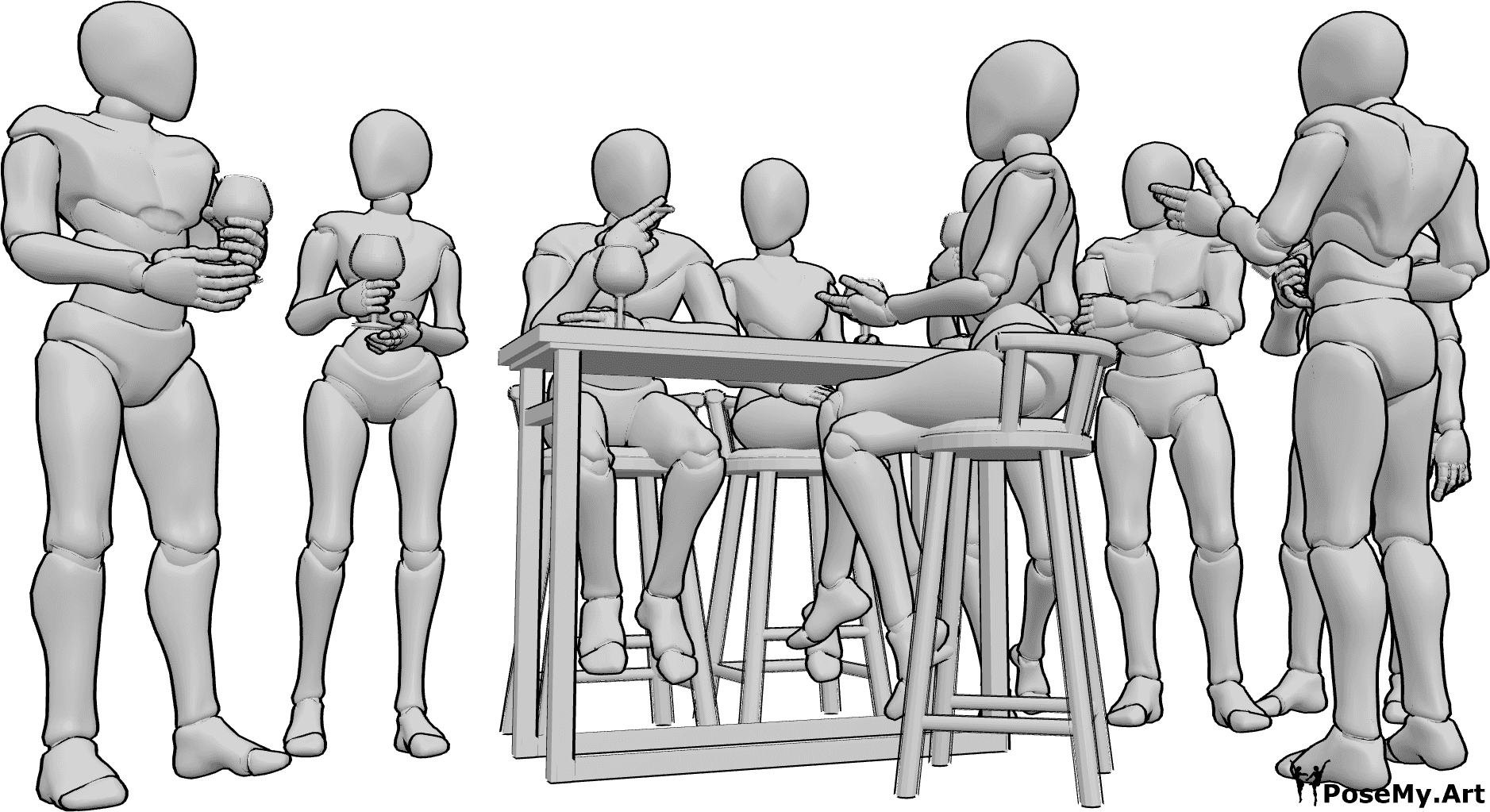 姿势资料- 人们的聚会参考 - 人们或站或坐，在吧台前聊天、抽烟、喝酒，尽情狂欢