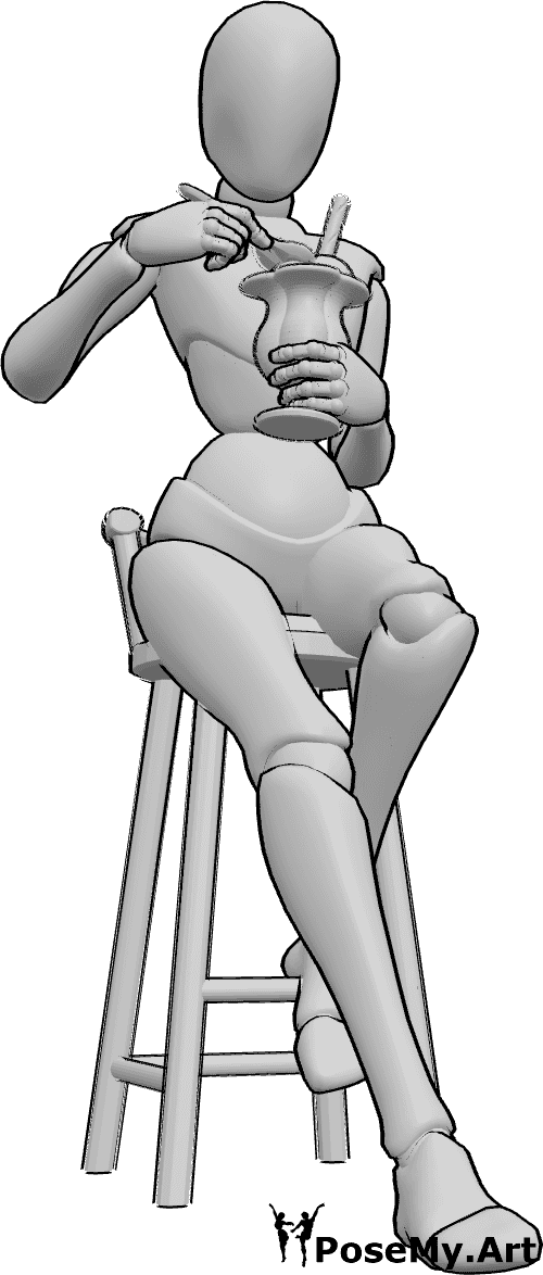 Référence des poses- Pose de mangeur de glace - Une femme est assise sur un tabouret de bar et mange une glace avec une cuillère.