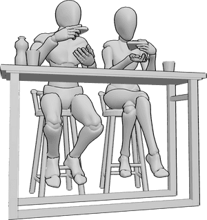 Pose Reference- Pizza eating pose - Female and male are sitting at a bar table and eating pizza