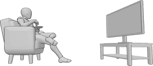 Pose Reference- Watching TV eating pose - Male is sitting in the armchair, watching TV and eating something