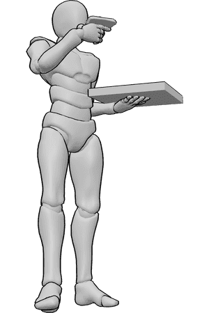 Pose Reference- Male standing eating pizza pose - Male is standing and eating pizza, holding a pizza box in his left hand