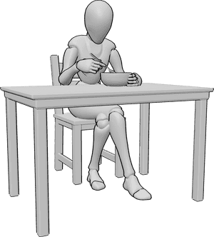 Pose Reference- Eating soup pose - Female is sitting on a chair at the table and eating soup with a spoon