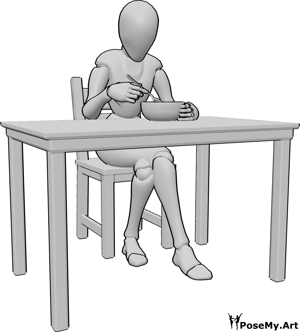 Référence des poses- Pose pour manger de la soupe - La femme est assise sur une chaise à table et mange de la soupe avec une cuillère.
