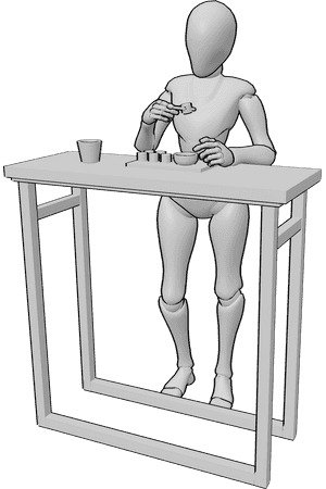 Pose Reference- Eating sushi pose - Female is standing at the bar table and eating sushi with chopsticks