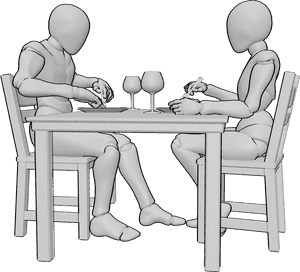 Pose Reference- Couple eating pose - Couple is sitting at the table and eating, sitting in front of each other