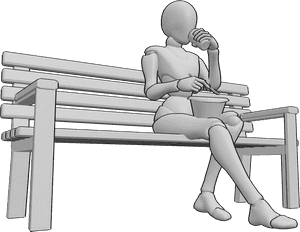Pose Reference- Female eating drinking pose - Female is sitting on the bench, eating noodles and drinking