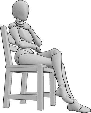 Pose Reference- Female sitting sideways pose - Female is sitting casually on a chair, her legs are crossed