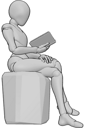 Pose Reference- Female reading sideways pose - Female is sitting and holding a book in her right hand, reading, her legs are crossed