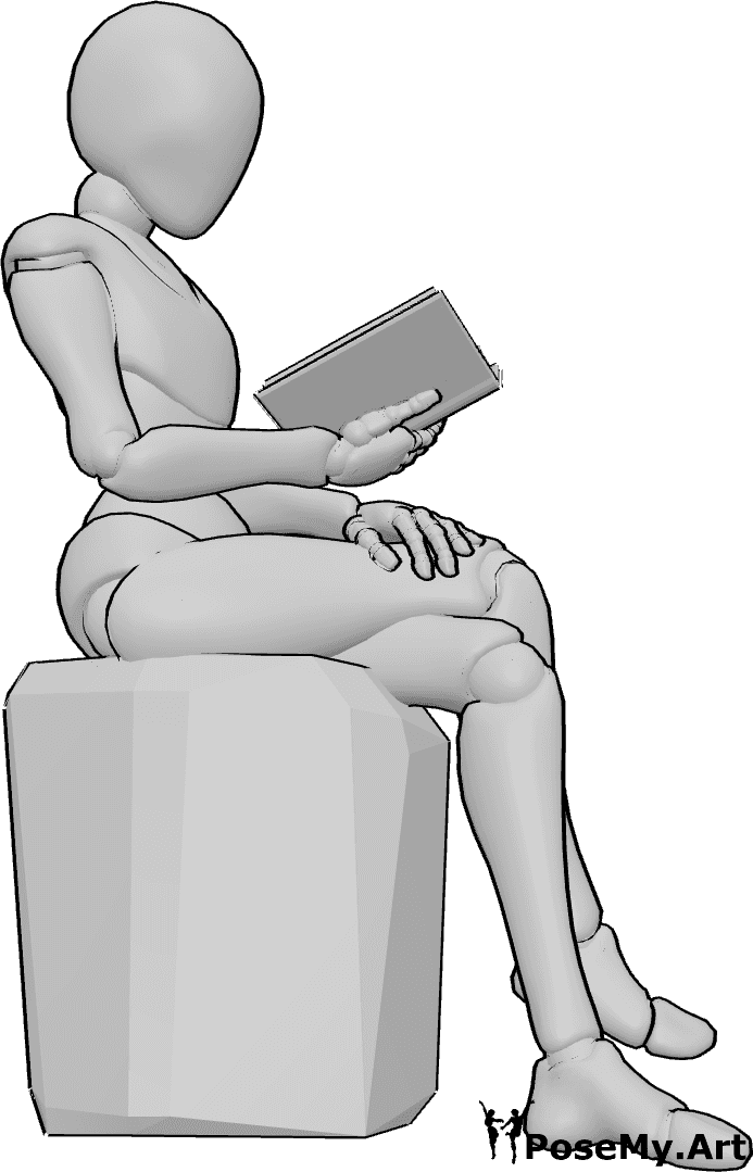 姿势资料- 女性阅读的侧身姿势 - 女性坐着，右手拿着一本书，正在阅读，双腿交叉