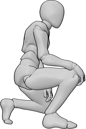 Pose Reference- Male crouching sideways pose - Male is crouching, his right hand is on his knee, male sideways pose reference
