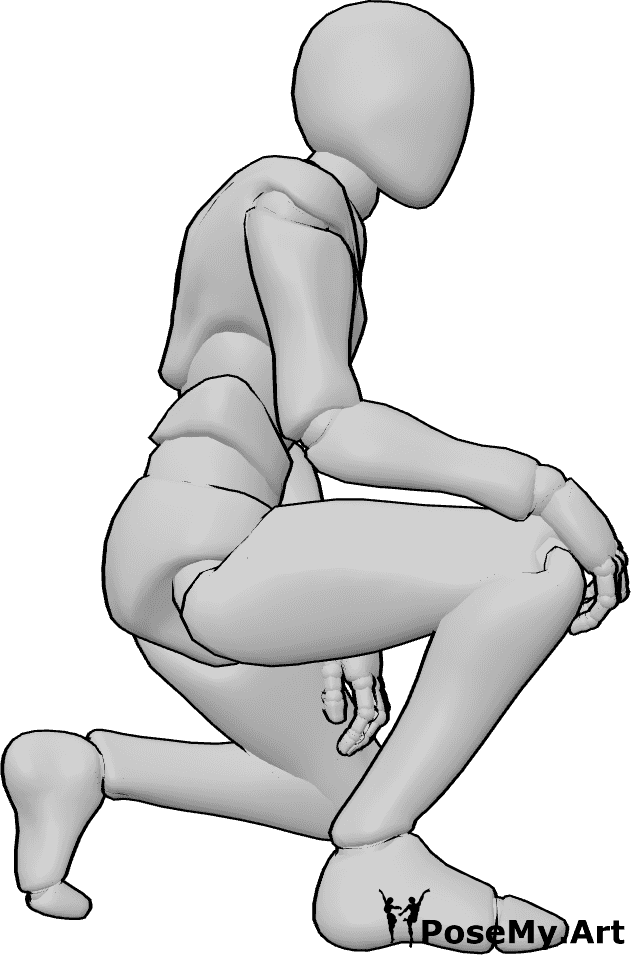 Referencia de poses- Masculino agachado pose de lado - El hombre está agachado, su mano derecha está en su rodilla, referencia de pose masculina de lado
