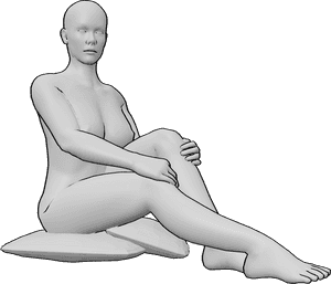 Pose Reference- Woman sitting pose - Female is sittiing on sitting on cushions, her hands are on her knees