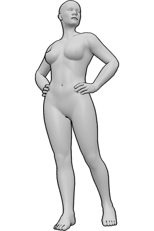 Pose Reference- Woman holding hips pose - Female is standing, holding her hips, looking slightly to the left