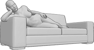 Pose Reference- Woman lying pose - Female is lying on the couch, leaning on her right hand, lying woman pose