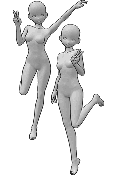 Référence des poses- Anime femelles sautant pose - Pose de femmes animées sautant joyeusement et disant 