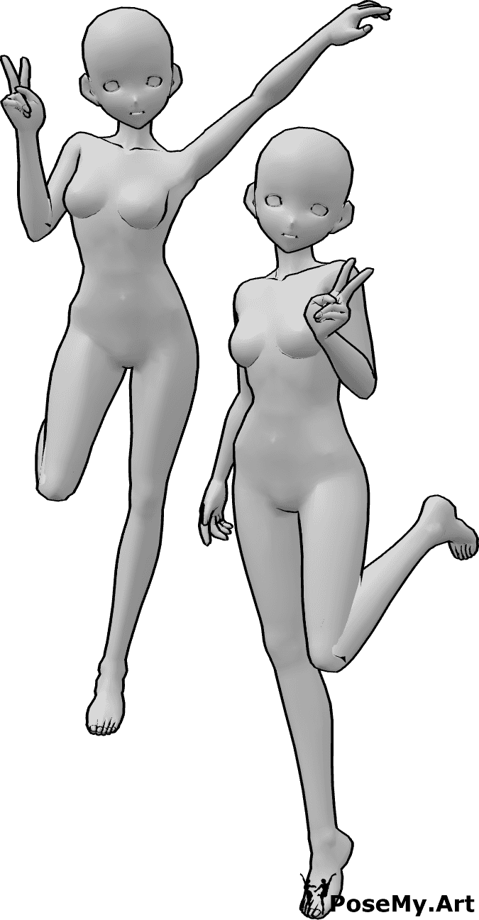 Référence des poses- Anime femelles sautant pose - Pose de femmes animées sautant joyeusement et disant 